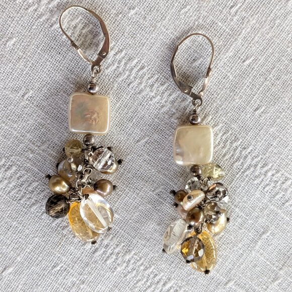 Long Sterling Cha-Cha Dangle Earrings with Golden Gemstones and Pearls - Picture 3 of 10